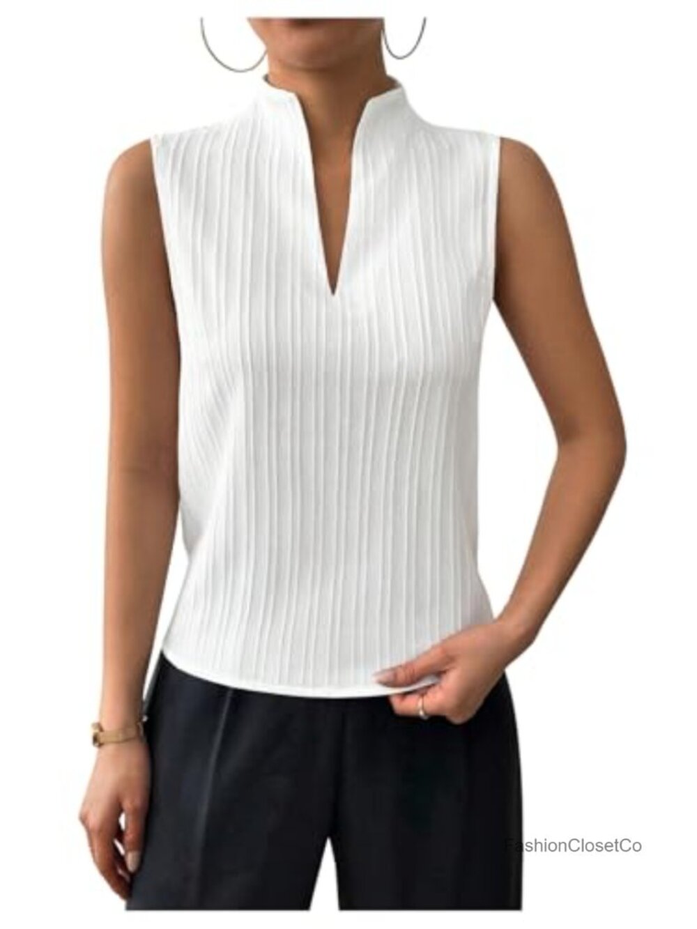 Sleeveless Striped Blouse Stand Collar V-Neck Tank Top Summer Shirt
